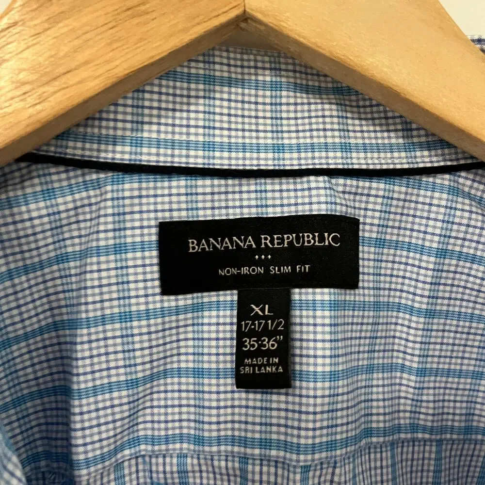 Banana Republic Men's Blue Plaid Non Iron Slim Fit Button Up Top Size XL